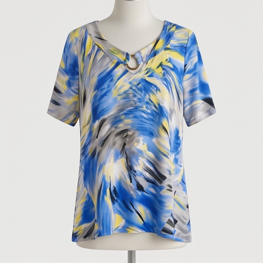 Maggie Barnes Plus 2XL Blue Yellow‎ Abstract V-Neck Ring Accent Short Sleeve Top